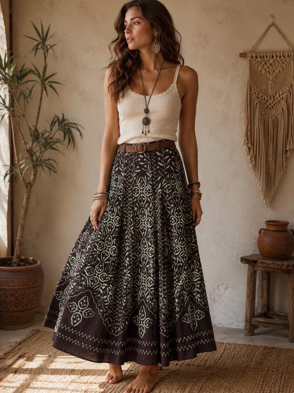 Soft Surroundings Brown Embroidered Maxi Skirt sz MT Boho Cottagecore Statement